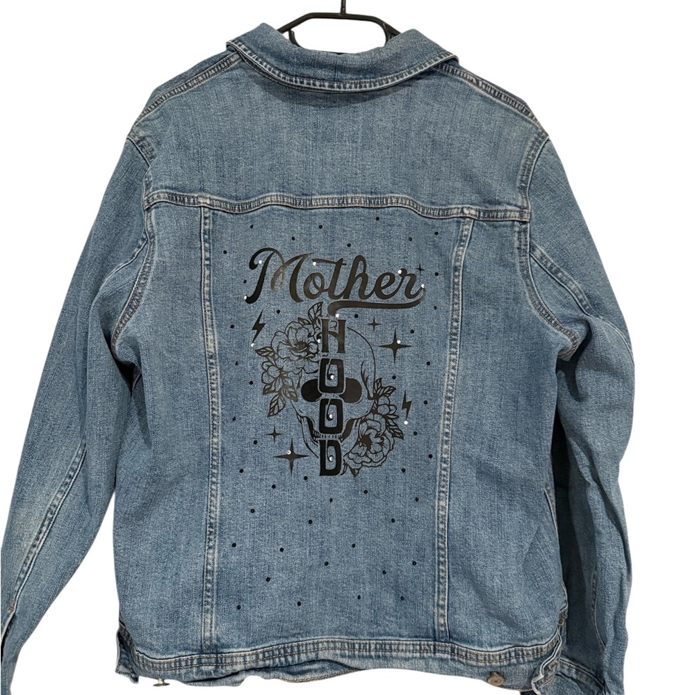 Custom Denim Jacket “Motherhood” Skull Floral Graphic Rhinestone Studded - Picture 1 of 3